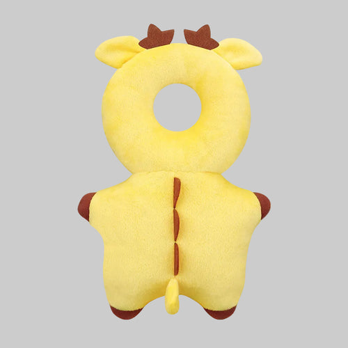 Yellow plush toy with brown accents on a white background